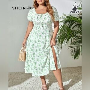 SHEIN White and Green Floral Dress